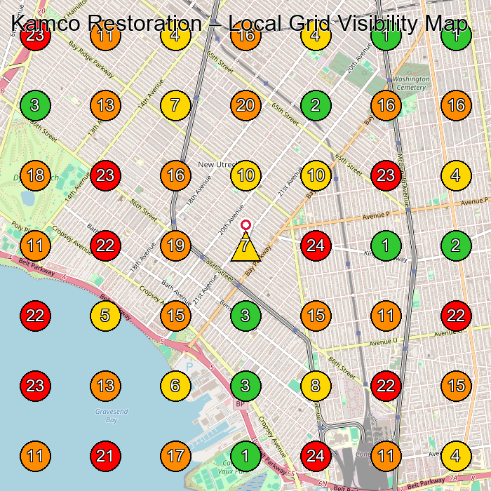 Kamco Restoration Roofing Contractor GeoGrid ranking map for Brooklyn NY